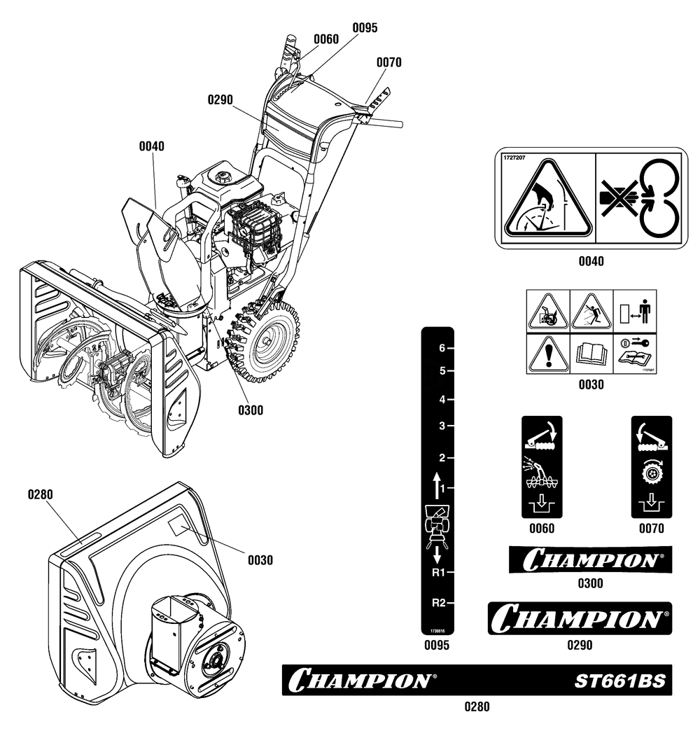 Decals Group Diagram and Parts List for 1696410-01-ST661BS  Briggs and Stratton Snow Blower